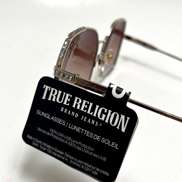 New TRUE RELIGION Square Rhinestone Sunglasses Metal Gold Brown Blue Lens main image 6